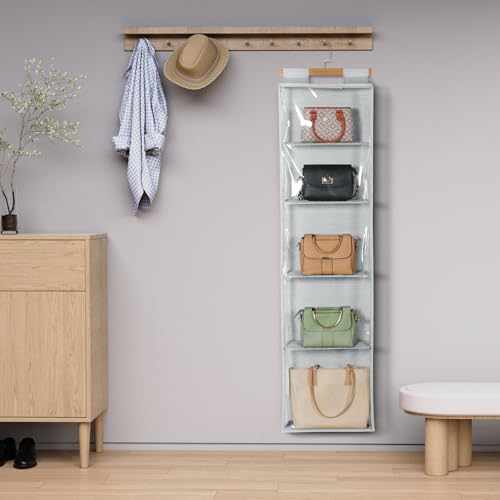 Syeeiex Hanging Handbag Purse Organizer with Zippers, 5 Mesh Shelves,Clear Slubbed Fabric+PVC Hanging Closet Bag Organizer, Dustproof Handbag Closet Tote Storage Bag for Door, Wardrobe, Shelf Rack - color: Grey-5 Shelves
