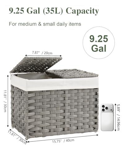 SETVSON Storage Basket with Lid Woven Wicker Baskets with 2 Separate Lid, 9.2 Gallon (35 L) Wicker Storage Bins with Handles, Foldable and 2 Removable Liner Bags for Bedroom, Laundry Room Gray - color: Gray, size: 35L-15.7L*11.8W*11.8H