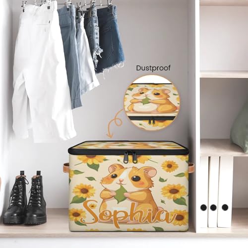 Custom Storage Basket with Name, Personalized Storage Bins with Zipper Lid, Foldable Fabric Storage Box Large capacity with Handle Sunflower Hamster - color: Option 23