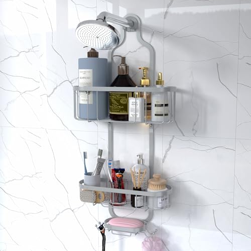 Kadolina Bathroom Hanging Shower Organizer, Over Head Shower Caddy Shower Storage Rack Basket with Hooks for Razor and Sponge Rustproof, Silver [Patented] - color: Silver