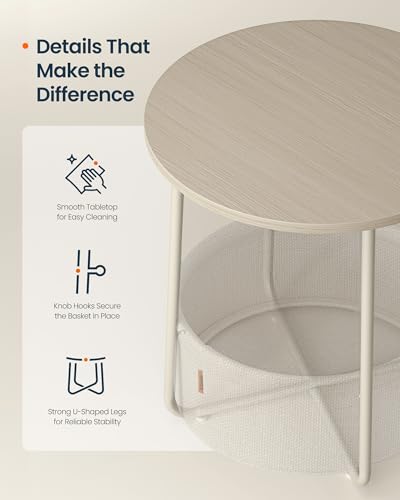 SONGMICS HOME Small Side Table, Round End Table, 2 Tier Nightstand with Basket, U Shaped Steel Legs, Easy Assembly, for Living Room, Bedroom, Beige and White - color: Beige + White, size: 1 pack