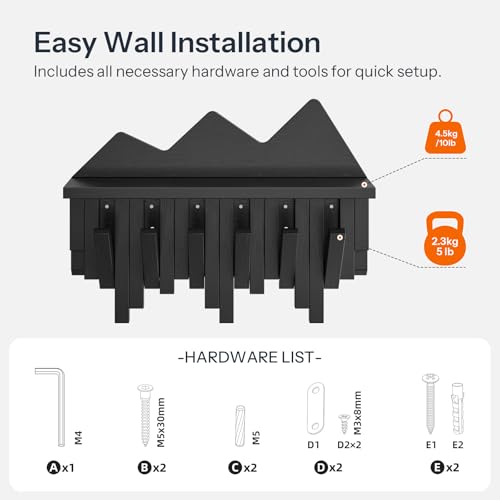 HOOBRO Wall Hooks with Shelf, Coat Rack with Shelf Wall-Mounted, Entryway Wall Key Holder, Hat Rack for Walls, Purse Hanger for Wall, Entryway Hanging Shelf with 6 Retractable Pegs, Black BK46YM01 - color: Black