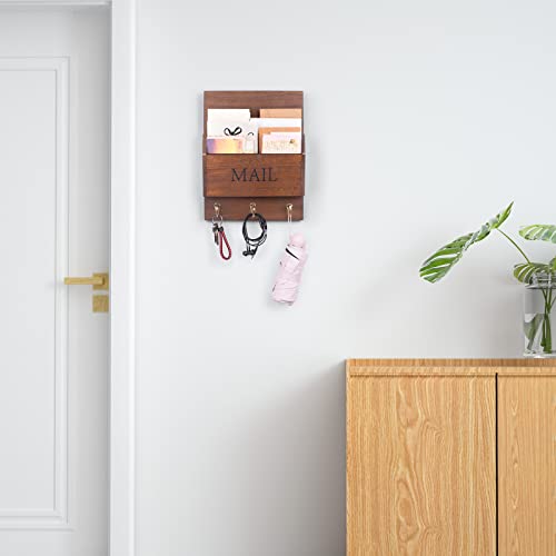 DLQuarts Mail Organizer with Key Holder for Wall Decorative Mail Sorter Wall Mounted, Wooden Mail Holder with 3 Hooks, Dark Brown - color: Dark Brown