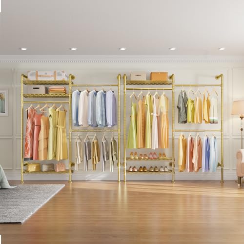 Timate F2 Industrial Pipe Clothes Rack Wall Mounted Clothing Rack for Hanging Clothes, Expandable Garment Rack Heavy Duty Wardrobe Closet Organizer and Storage, Adjustable Industrial Closet Kit, Gold - color: Gold, style: Timate F2