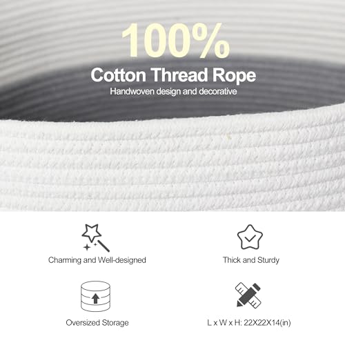 Extra Large Blanket Basket - Cotton Rope Basket for Storage, Blanket Storage for Living Room, Round Kid Dog Toy Bin Box, Large Woven Throw Pillow Holder Organizer, Towel Shoe Bin(22"x14") - color: 3-toned Gray