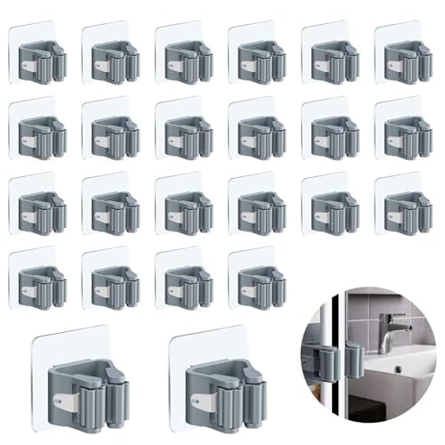 3-H 24-Pack Self Adhesive Broom Holder Wall Mount - Heavy Duty No Drill Broom Organizer for Garage Closet Kitchen, Plastic Storage Rack for Brooms Mops Tools, Peel and Stick Adhesive,Grey - color: Grey, size: 24