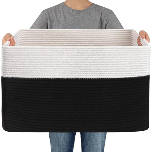 JMvicyroam Woven Blanket Basket,96L Large Storage Bin for Blankets Toys Clothes,Decorative Rope Basket for Living Room Bedroom with Handles, White&Black - color: White&Black, size: 96L