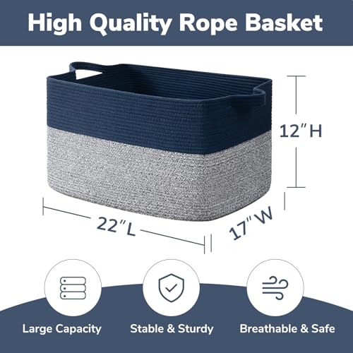 Goodpick Large Blanket Basket 22" x 17" x 12" Woven Storage Baskets for Organizing, Decorative Cotton Rope Basket for Living Room Home Decor, Toy Baskets for Kids, Mixed Blue - color: Blue, size: 22"L x 17"W x 12"H