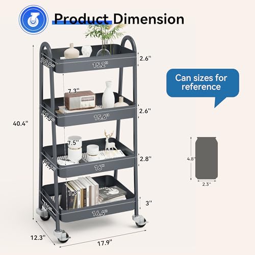 NEWBULIG 4-Tier Rolling Utility Cart with Locking Wheels, Slim Metal Mobile Storage Organizer Shelf for Small Spaces, Bathroom, Living Room, Grey - color: Gray, size: 4-Tiers