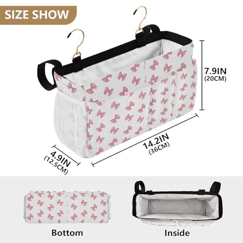 Bedside Caddy Hanging Storage Bag Pink Bows Print Bedside Organizer Caddy for Bunk, Dorm Room, Hospital Beds - Place Magazines / Remotes / Keys