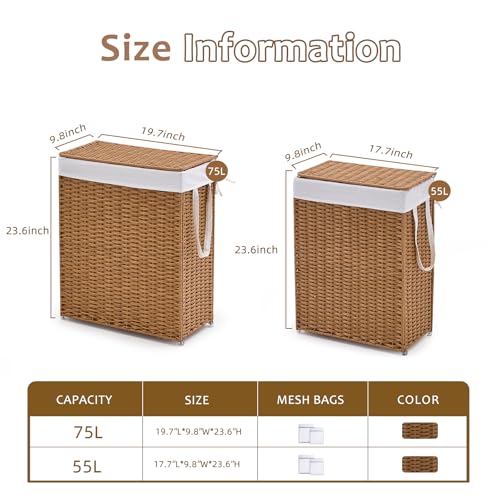 Slim Wicker Laundry Hamper with Lid, 75L Handwoven Rattan Basket with Handles, Narrow Laundry Basket with Removable Liner Bag & 2 Mesh Bags - color: Rattan with Lid, size: 75L