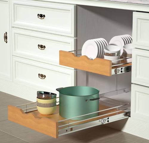 DINDON 2 Tier Pull Out Cabinet Organizer (17" W x 21" D) Slide Out Wood Shelf Double Tier Kitchen Wire Basket With Chrome Finish… - size: 17'' W X 21'' D