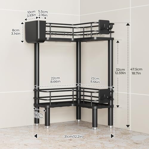 Orimade Rustproof 2 Tier Floor Standing Corner Shower Caddy Organizer with Toothbrush Holder, Large Spacing Floor Shower Shelf Rack Storage Stands with Hooks for Bathroom Kitchen, Black - color: Black, size: 2 Tier
