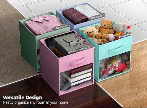 Sorbus 11 Inch Storage Bins with Clear Window - 6 Foldable Baskets for Organizing Clothes, Toys, Books - Sturdy Collapsible Fabric Storage Cubes with Handle - Storage Baskets for Shelves, Closets - color: Pastel Multi-Color 2 with Window, size: 11 Inch