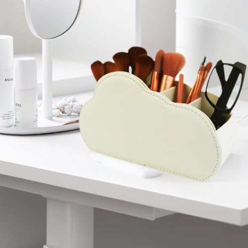 Remote Control Holder - 5 Spacious Compartments TV remote holder Caddy Leather Control Storage Tabletop Desk Organizer for Remote Controller,Office Stationery,Makeup Brush - color: Light Beige