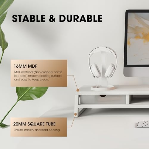 Fenge Dual Monitor Riser with Drwrs, Monitor Stand for Desk, 42.5 Inch Large Computer Monitor Stand for 2 27 Inches Monitors, 2 Tier Wooden Desk Shelf - color: White1