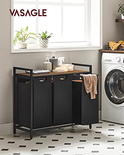 VASAGLE Laundry Hamper, Laundry Basket, Laundry Sorter with 3 Pull-Out and Removable Bags, Shelf, Metal Frame, 3 x 10.6 Gallons (40 L), 36.4 x 13 x 28.4 Inches, Ink Black and Rustic Brown UBLH301B01 - color: Black + Rustic Brown, size: 3 Bags - 120 L
