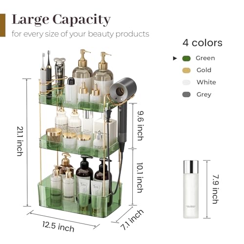 Aveniee Bathroom Counter Organizer,3 Tier Skincare Perfume Countertop Storage with Hair Dryer Rack and Toothbrush Holder, Cosmetic Makeup Tray for Vanity - Green - color: Gem Green, size: 3 Tier-New