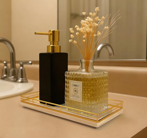 Bathroom Vanity Tray for Countertop, 12" x 6" Oak Wood Toilet Tank Tray with Metal Guardrail, Bathroom Organizer for Soap, Perfume & Skincare, Non-Slip Decorative Tray for Dresser, Gold & Natural Oak - color: Natural, size: 12" x 6" x 1.5"