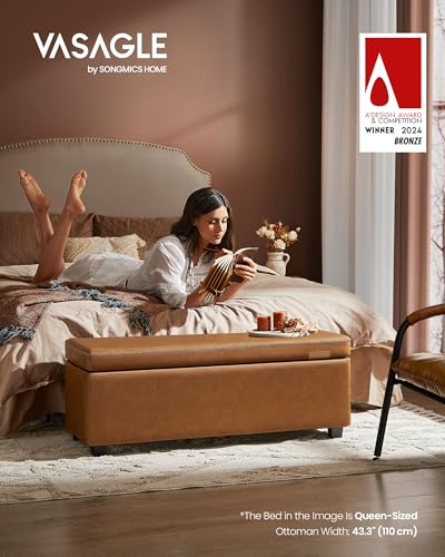 VASAGLE EKHO Collection - Storage Ottoman Bench, Entryway Bedroom Bench, 25 Gallons, Synthetic Leather with Stitching, Mid-Century Modern, Safety Hinges, Loads 660 lb, Caramel Brown ULOM075K01 - color: Caramel Brown, style: 25-Gallon Storage Bench