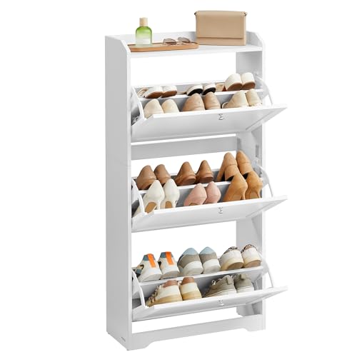 VASAGLE Shoe Cabinet with 3 Flip Drawers, Shoe Organizer, Adjustable and Removable Dividers, Holds 12-20 Pairs, Entryway, 9.4 x 23.6 x 47.7 Inches, Cloud White ULBC036WB02S - color: Cloud White, size: 9.5"D x 23.6"W x 47.7"H, style: shoe cabinet
