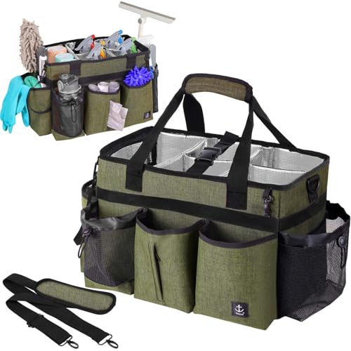 Large Cleaning Caddy Bag Built-in Sturdy Support Board, Cleaning Organizer with Detachable Divider, Cleaning Supply Tote with Adjustable Shoulder Strap&Waist Belt for Cleaners & Housekeeper - color: Green