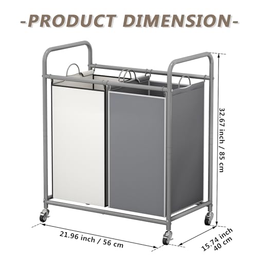 SUOERNUO Laundry Hamper Basket 2 Bag Laundry Sorter Cart with Rolling Lockable Wheels and Removable Bags Laundry Organizer Cart for Clothes Storage (Grey+Beige, 2 Bags) - color: Grey+Beige, size: 2 Bags