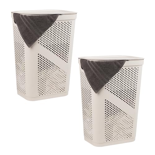 Mind Reader 60L Slim Laundry Hamper, Clothes Basket, Lid, Ventilated, Plastic, Set of 2, Ivory - color: Ivory, size: 2-Pack