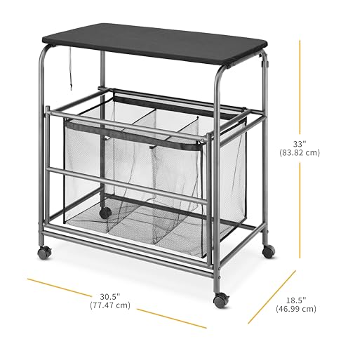 Whitmor Triple Laundry Sorter with Ironing & Folding Table - Rolling Laundry Sorter with Ironing Table - Gunmetal - size: 3 Section lroning Board，Black