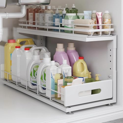 Under Sink Organizer Upgrade To Professional Rails,2-Tier Dual Pull Out Cabinet Storage,Height Adjustable Slide Out Drawers For Bathroom Kitchen,1 Pack-21"Dx12.8"-16.9"H,White - color: White, size: 1 Pack-21"Dx12.8"-16.9"H