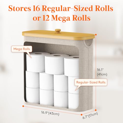 Lifewit Toilet Paper Storage Holder for 12 to 16 Rolls, Free Standing Toilet Paper Basket Stand with Bamboo Lid, Collapsible Fabric Bathroom Organizer Box for Mega Rolls, 30L, Extra Large, Beige - color: Beige, size: 30L