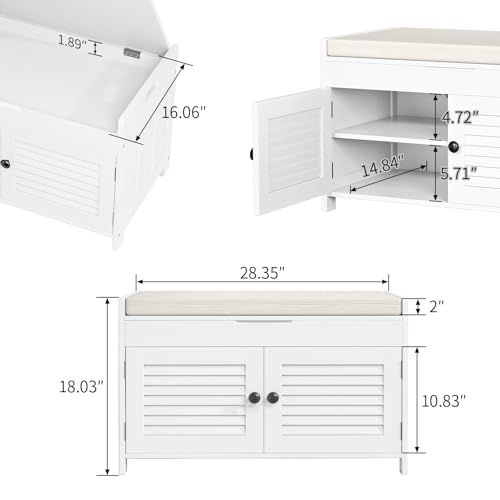 WARMHONIU Shoe Storage Bench with Lift Top Storage, Entryway Bench with Cushioned Seat, Adjustable Shelf, 2 Tier Shoe Rack with Doors for Entryway, Bedroom, Hallway, Mudroom, White - color: White, style: Lift Top Storage