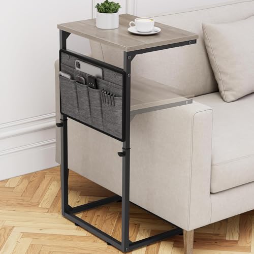 Vagusicc C Shaped End Table, 33'' Tall Side Table for Couch, Adjustable Height Small Couch Side Table for Small Spaces, C Table Slide Under Sofa Table TV Tray Arm Table for Living Room, Bedroom, Grey - color: Greige