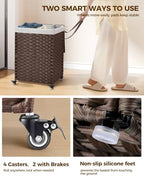 Greenstell Laundry Hamper with Wheels, No Install Needed, 90L Divided Handwoven Hampers & 2 Removable Liner Bags, Synthetic Rattan Clothes Laundry Basket with Lid & Handles, Foldable Hampers Brown - color: Brown, size: 90L: 18.3x13.5x26.4 Inches