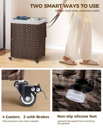 Greenstell Laundry Hamper with Wheels, No Install Needed, 90L Divided Handwoven Hampers & 2 Removable Liner Bags, Synthetic Rattan Clothes Laundry Basket with Lid & Handles, Foldable Hampers Brown - color: Brown, size: 90L: 18.3x13.5x26.4 Inches