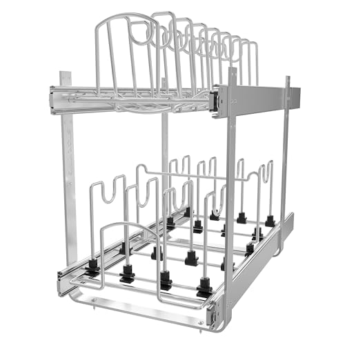 2-Tier Kitchen Pull out Cabinet Organizer for Pots, Pans, and Lid Cookware, Adjustable Heavy Duty Wire Pan and Pot Rack, Full-Extension Rail 12" W *22" D - size: 12W*22D