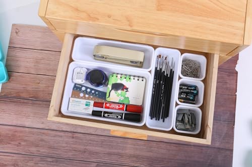 Kutesna 25 PCS White Drawer Organizer Set, 4 Size Interlocking Plastic Storage Bins for Office Supplies, Jewelry Makeup Vanity, Bathroom Kitchen, Home Organization Closet, Gadgets Small Items - color: White