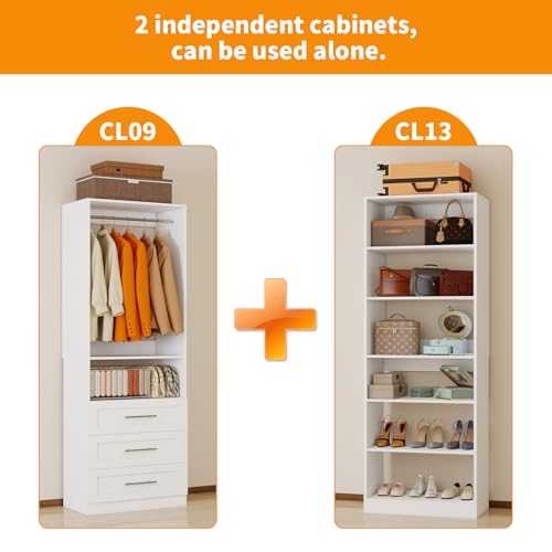 Closet System with 2 Sets, 4FT-10FT Closet Organizer Systems with 3 Wooden Drawers 7 Shelves & 3 Hanging Rods, Walk in Closet freestanding Corner Modular Closet Storage System White (4FT)