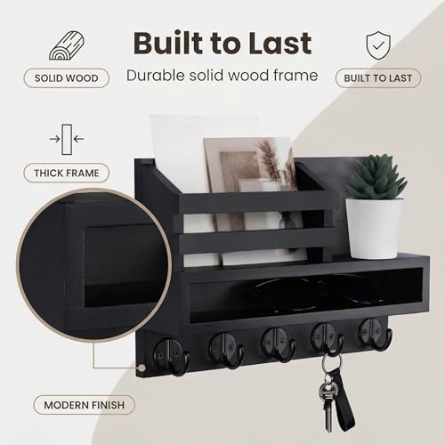 Wall Key Rack - Mail Organizer with 5 Key Hooks, Paulownia Wood, 11.8x7.1 Inches, Apartment Wall Decor, Installation Accessories Included (Black) - color: Black