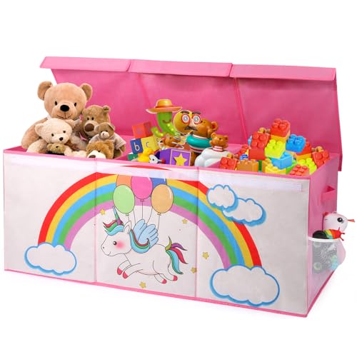 Extra Large Toy Box, Collapsible Storage Organizer with Lids, Sturdy Unicorn Toy Chest for Boys Girls, 40"x14"x16" Kids Storage Bin Box Baskets for Living Room, Playroom, Bedroom, Nursery - color: Pink