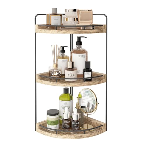 Fixwal Bathroom Counter Organizer, 3 Tier Rustic Bathroom Shelves Corner Organizer, Wood Countertop Storage Tray for Vanity, Kitchen, Bedroom (Light Brown) - color: Light Brown
