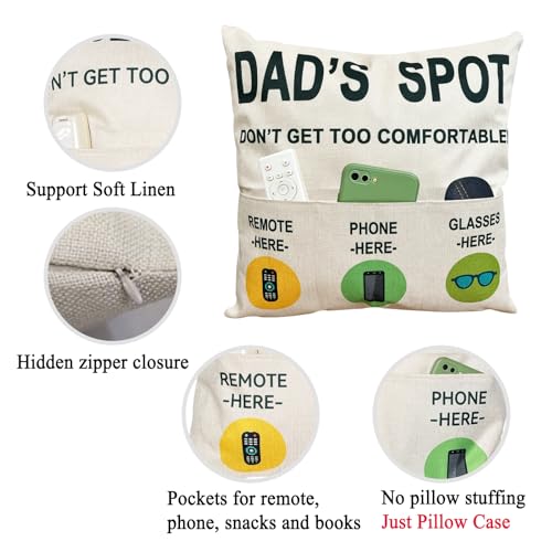 ZUYUROU Dad Gifts Funny 3 Pocket Throw Pillow Cover for Couch Recliner Sofa, Dad's Spot Remote Phone Glasses Holder Organizer Cushion Case, Father's Day Birthday for Dad, 18 x 18 Inch - color: Dad 3-pocket