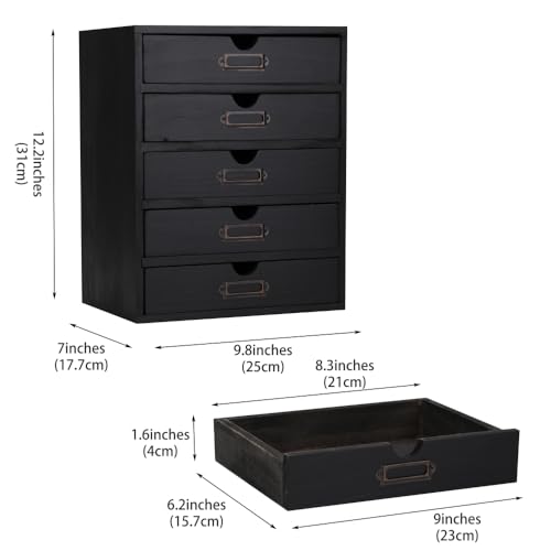 Wooden Storage Box with 5 Drawers Apothecary Drawers Vintage Wooden Drawers Wood Desktop Organizer with Drawers Countertop Drawers Library Card Catalog Cabinet Apothecary Cabinet （BLACK） - color: BLACK05