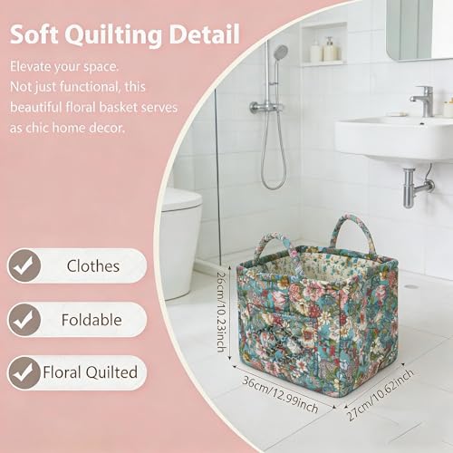 Quilted Laundry Basket with Handles - Multi-Purpose Fabric Storage Basket，Boho Fabric Storage Baskets with Handles for Car, Home & Nursery - Collapsible Square Organizer (Green) - color: Green