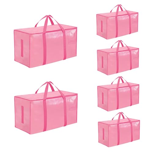 6 Pack-Extra Large Heavy Duty Moving Bags - Waterproof Storage Totes with Handles & Zippers, Foldable for College Dorm, Storage (Pink) - color: Pink, size: 6