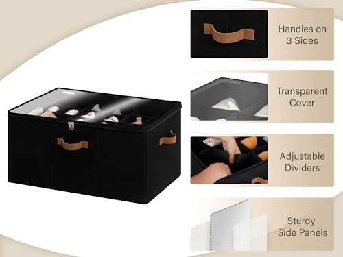 StorageWorks Shoe Organizer for Closet, Fits up to 24 Pairs, Shoe Cubby Storage Containers with Adjustable Dividers and Clear Cover, Black - color: Black, size: Large