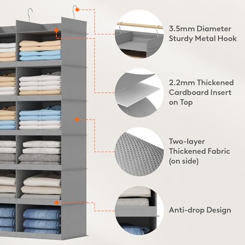 Lifewit Dual-Row Shelf Hanging Closet Organizer and Storage, Clothes Shelves with 3 Sturdy Hooks for Clothing Organization, Foldable Container Hold Up to 36 Sweaters, 6 Tier 12 Sections, Light Gray - color: Light Gray, size: 6-Tier