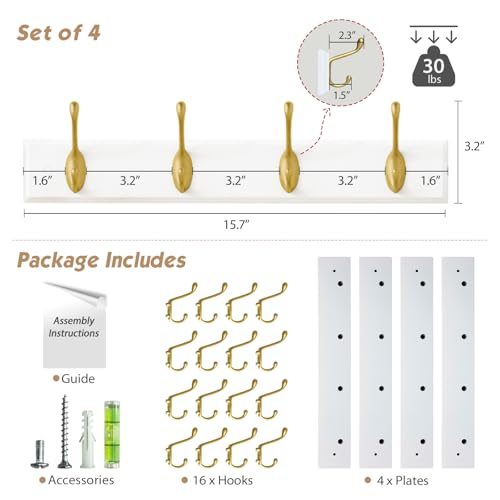 Forbena Gold Coat Rack Wall Mount, Decorative Coat Hooks for Wall, Heavy Duty Coat Hanger Key Holder for Hanging Hats, Coats, Purses, Bags Bathroom, Teen Grils Room (White and Gold, 4 x 4 Hook) - color: White & Gold