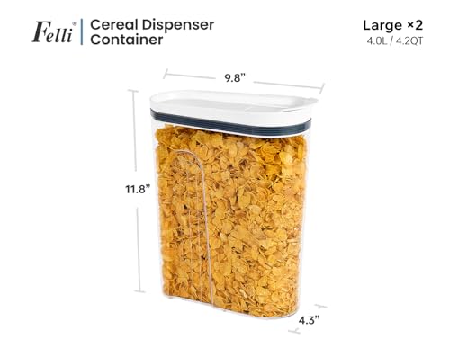 Felli Cereal Container Storage Airtight Holds 32 oz Family Size Breakfast Box with Flip Top Lid, Stackable Acrylic Dry Food Dispenser, Protein Granola Oats Grains, Crunch Keeper (Large 4.1Qt - 2pk)