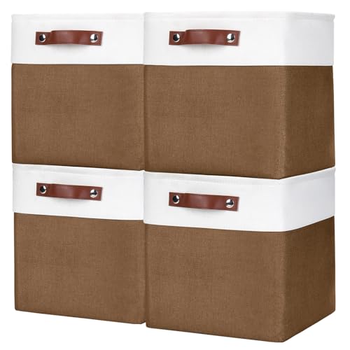 Bagnizer Collapsible Fabric Storage Cubes 11x11 Cube Storage Bins, 4 Pack Closet Baskets Box with Handles for Organizing, Shelf, Toys, Clothes, Home, Office, Nursery (Brown&White) - color: Brown / Off-White, size: Cube - 11"x11"x11"